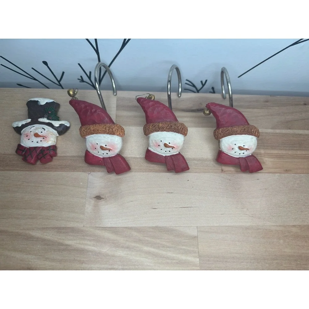 Vintage Snowman Shower Curtain Hooks Set of 12 Christmas Holiday Resin Decor